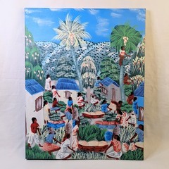 Signed ​Alaby Naïve Folk Art Original Painting Tortola BVI 2009 11×14 Village