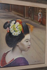 JAPANESE GEISHA GIRL OIL PAINTING ON CANVAS PERIOD FRAMED ARTIST HELEN SHARE