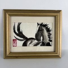 Vintage Asian Ink Wash Horse Painting Signed Sher Afcaxs Framed Original Art