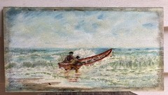 Vtg Folk Nautical Oil on Board Lifeboat in Surf – Crew in Oilskins & Souwesters