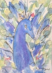 Peacock – Original ACEO or ATC Unmatted watercolor miniature painting