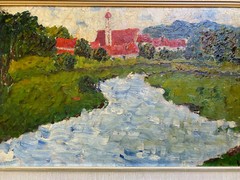 ::OIL PAINTING MONOGR.HS VILLAGE LANDSCAPE WITH CHURCH ON THE RIVER COUNTRY HOUSE STYLE