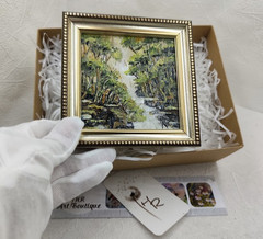 Original Oil Painting 4×4 in Framed Signed Evening Forest Landscape Impasto Art