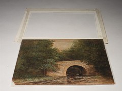 C.1900 Signed Petersen Men Fishing Under Bridge Impressionist WC Painting
