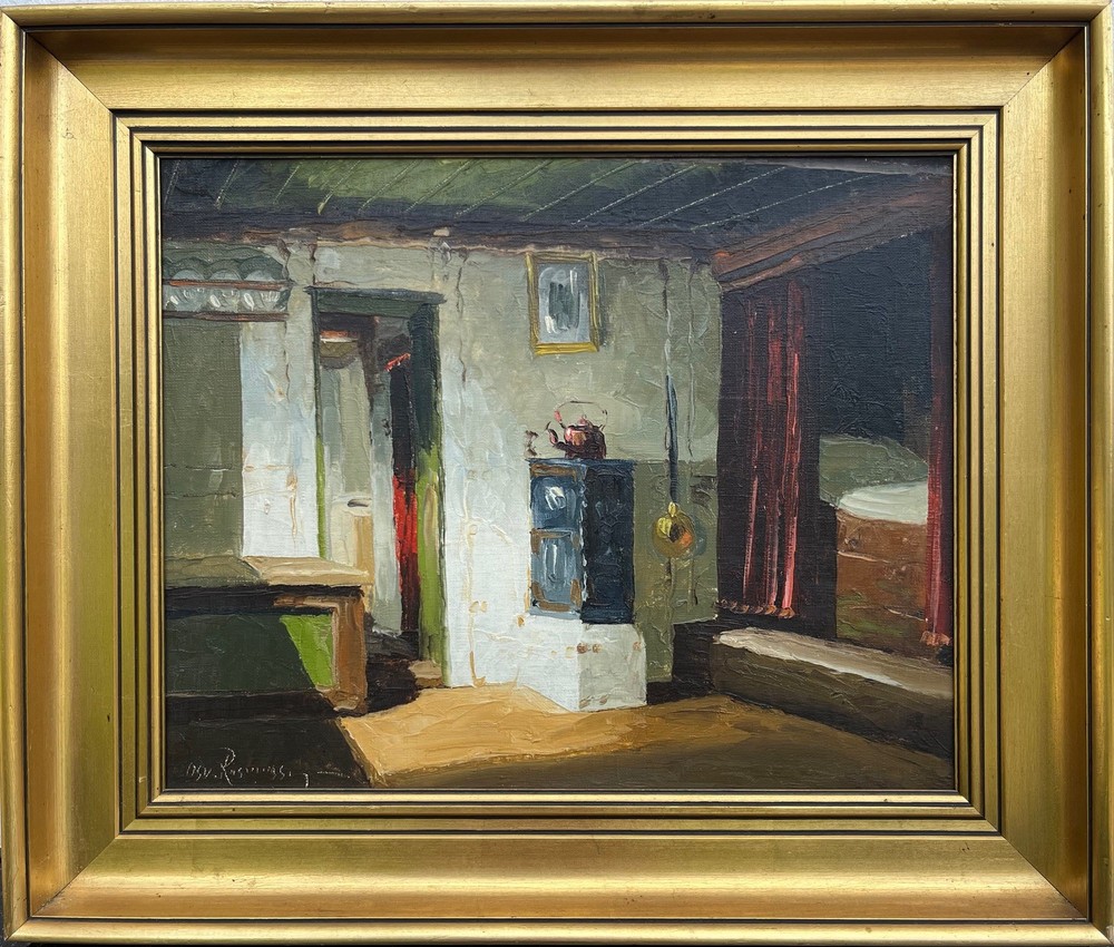 Osvald Rasmussen 1885-1972 Oil Painting Framed Bauernstube Sunlight