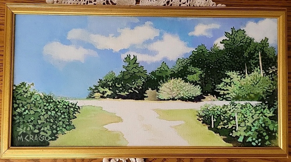 Vintage Maribeth Crago Erie Pa Artist Acrylic Painting „By My Home“ 21.5″w