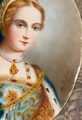 Antique Miniature Portrait Painting Lady Jane Grey Queen England 19th C. French