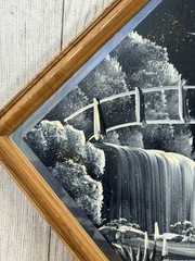 Waterfall Landscape Painting On Mirror Signed By Tom Dunham 13.5 Inches By 13.5