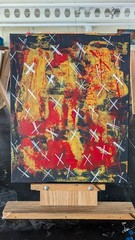 Abstract Painting Red Yellow Black Splatter with White X Pattern, Unframed