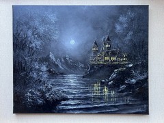 Dark Gothic Castle Original Oil Painting Moonlit Mountain Mystical Landscape Art