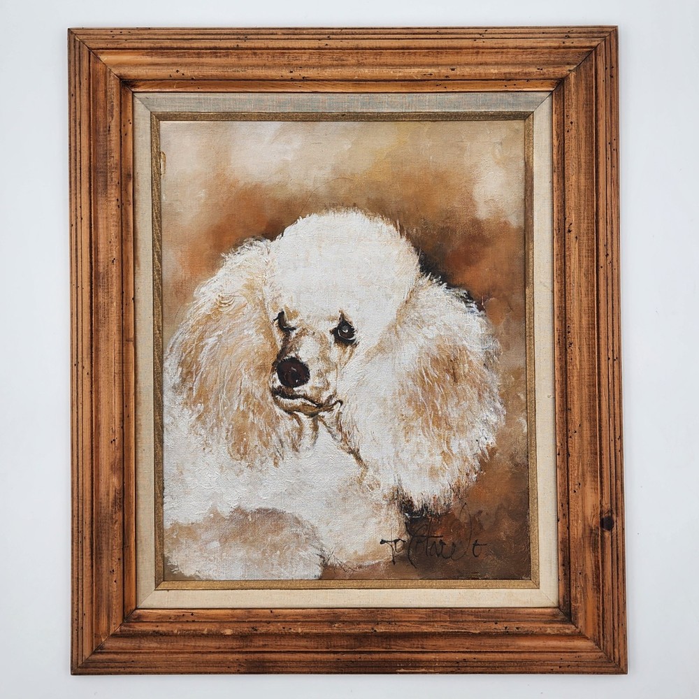 Vintage White Poodle Dog Portrait Oil Painting Signed Framed 28×33 Large Art