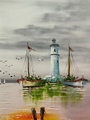 Ol Painting 20×24 Rainbow Sailboats in black and White Sea, seagulls,gray clouds