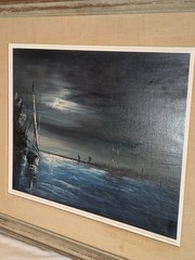John Stancin Original Oil on Canvas Moonlit Harbor Seascape Painting Frame 27×23