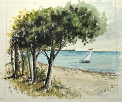 Watercolor Painting Coastal View Sailboat 4×5″ North Beach Lake Fine Art Davel