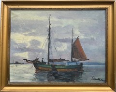Impressionist Johan Kock 1869-1944 Evening Sea with Fishing Boat Oil Painting