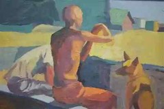 Ray Cuevas (American, b. 1932) O/B Man w/ Dog at the Beach, California Artist