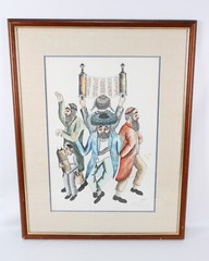 Vintage Jews Dancing with Torah Water Color Painting Hebrew Art Signed Illegible