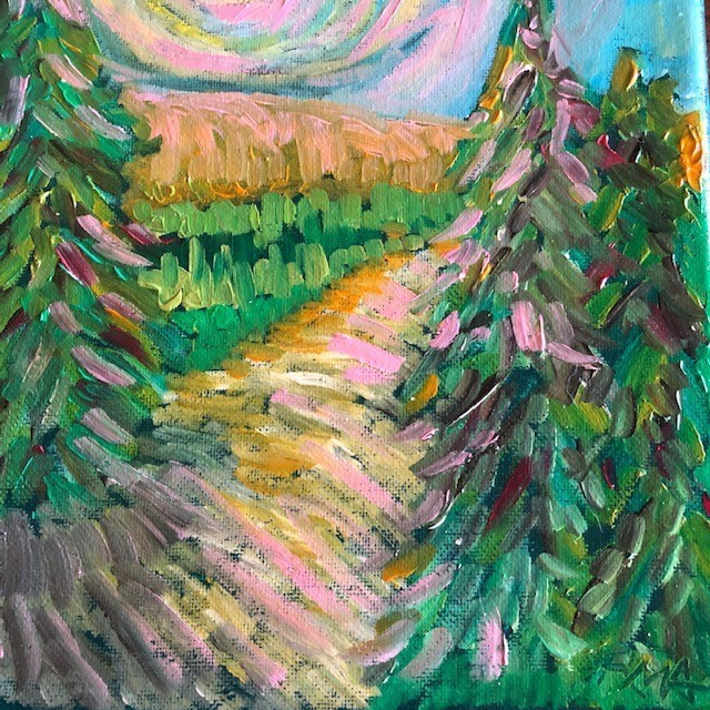 OREGON SUNRISE,8×8 Original OIL painting, canvas, RMA, mountain landscape .pinks