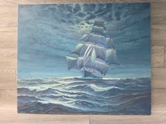 Henry Plawin SMP Original Oil Painting Clipper Ship North America Moonlit Sea 36