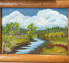 Original Oil Landscape Painting Signed Flowing River Forest Blue Sky Clouds 8″
