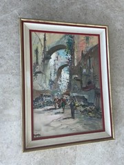 Italy Mid Century Impressionist Painting Village Street Flower Market Scene