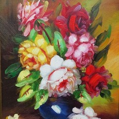 Miniature Floral Still Life Oil Painting PEONIES Signed Marin Framed 10.75×8.75