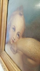 Antique renaissance girl painting framed 18×20 patina crazing on board