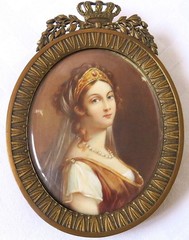 ANTIQUE MINIATURE PORCELAIN PORTRAIT OF GIRL EASEL STUNNING FRAME 3″ X 4 1/2″
