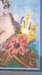 Vintage Original Kitty Cat With Flowers Framed Watercolor Nice!