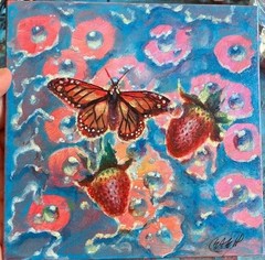 Original Butterfly Painting Strawberry Art Handmade Miniature surrealism artwork