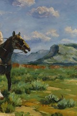 Horse Oil Painting on Canvas 55″ x 43″ Signed ‚S. T. Cesent‘ in Gold Gilt Frame