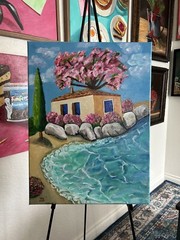 Coastal Cottage Painting Beach House Wall Art Seascape Mediterranean Decor