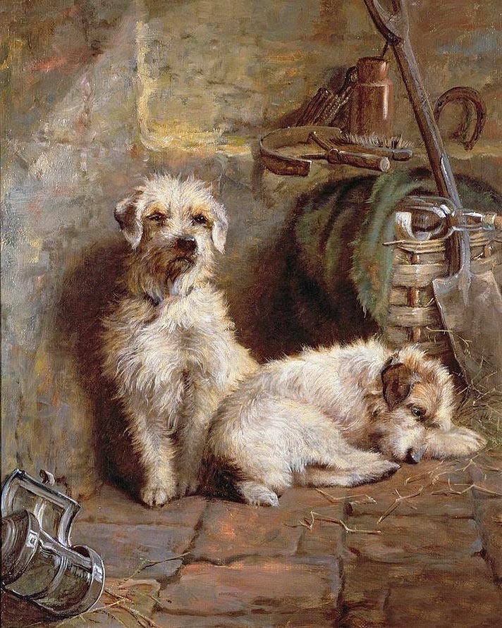 Hand painted art Oil painting animals dogs in farmer’s room Waiting owner canvas