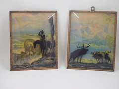 reverse painted silhouettes on convex glass 1930’s rare western scenes 2