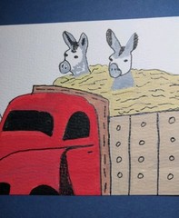 Expressionism Original Painting 6×4 Whimsical Animals Donkeys In Truck Folk Art