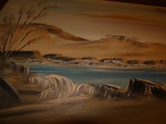 Desert Mountain River Original Oil Painting on Masonite Board Vintage 16 x 32″