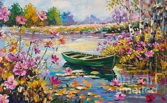 new handmade Painting on 24″*16″ canvas Tranquil Boat on Flowered Lake by Wendy