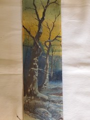 Vintage uniquely shaped 4-1/4″ × 14″ Barren, Twisted Winter Trees Oil Painting