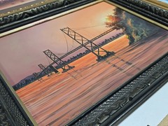 Framed Painting of Bridge At Sunset Signed – 34.5 x 27″