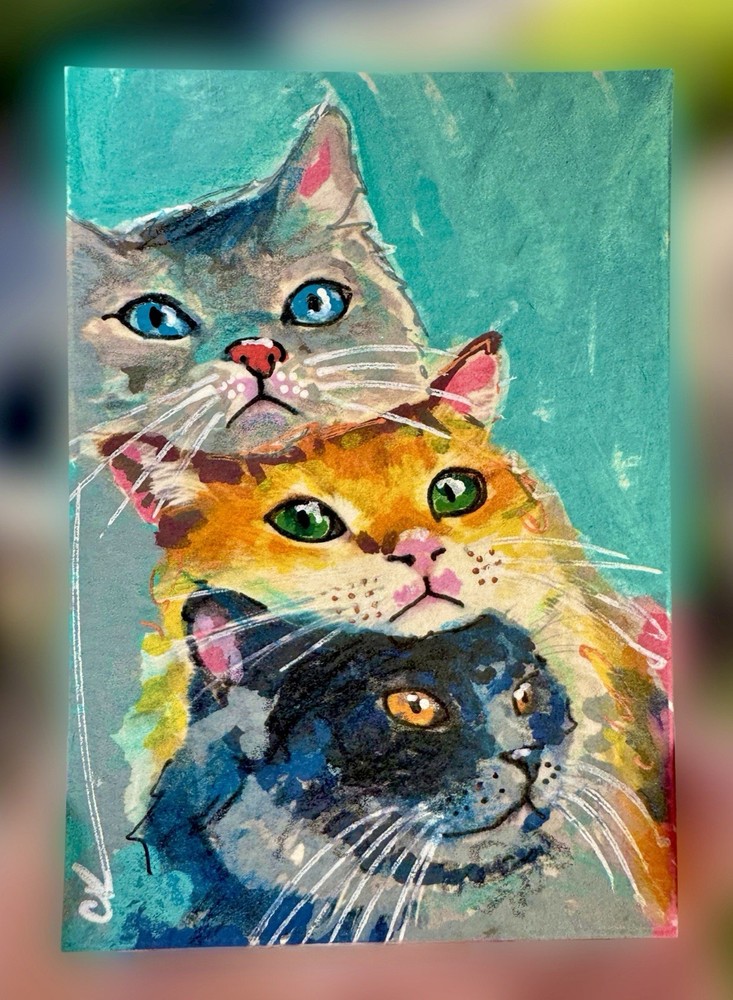 ACEO Original Painting – Cat Stack – Mixed Media, Cat Art, Fun