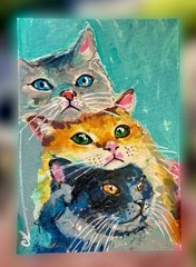 ACEO Original Painting – Cat Stack – Mixed Media, Cat Art, Fun
