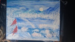 Charming watercolor landscape original art signed. Second owner.