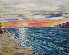 NEPTUNE COVE SUNSET canvas 8×10 sunset shore oil painting beach signed CROWELL