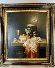 Signed Byron Original Oil Painting Still Life Fruit Pottery Realism Framed 31×27