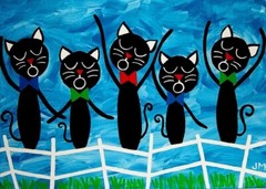 whimsical original keepsake painting 5×7″ signed folk art „Cats in Concert“