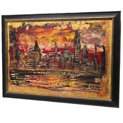 SFAX Original Vintage Signed Cityscape Skyline Landscape Oil on Canvas Painting