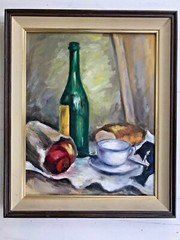 VTG MCM Still Life w/ Cider Bottle Coffee Cup Bread Fruit Oil Painting on Board