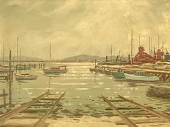 1970 Australian SIGNED painting SANDS landscape HARBOR seascape boat Leslie Bill