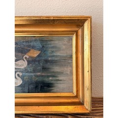 Antique European Countryside Oil Painting on Canvas Swans in Heavy Gilt Frame