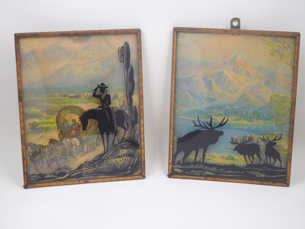 reverse painted silhouettes on convex glass 1930’s rare western scenes 2